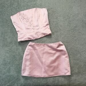 Vintage Y2K Lavender Pink Corset Mini Skirt 2 Piece Silky Party Skirt Set M